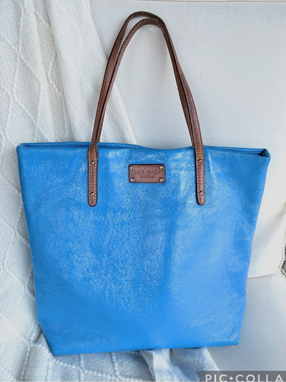 Kate Spade Blue Large Tote Bag Brown Leather Straps Shoulder Bag